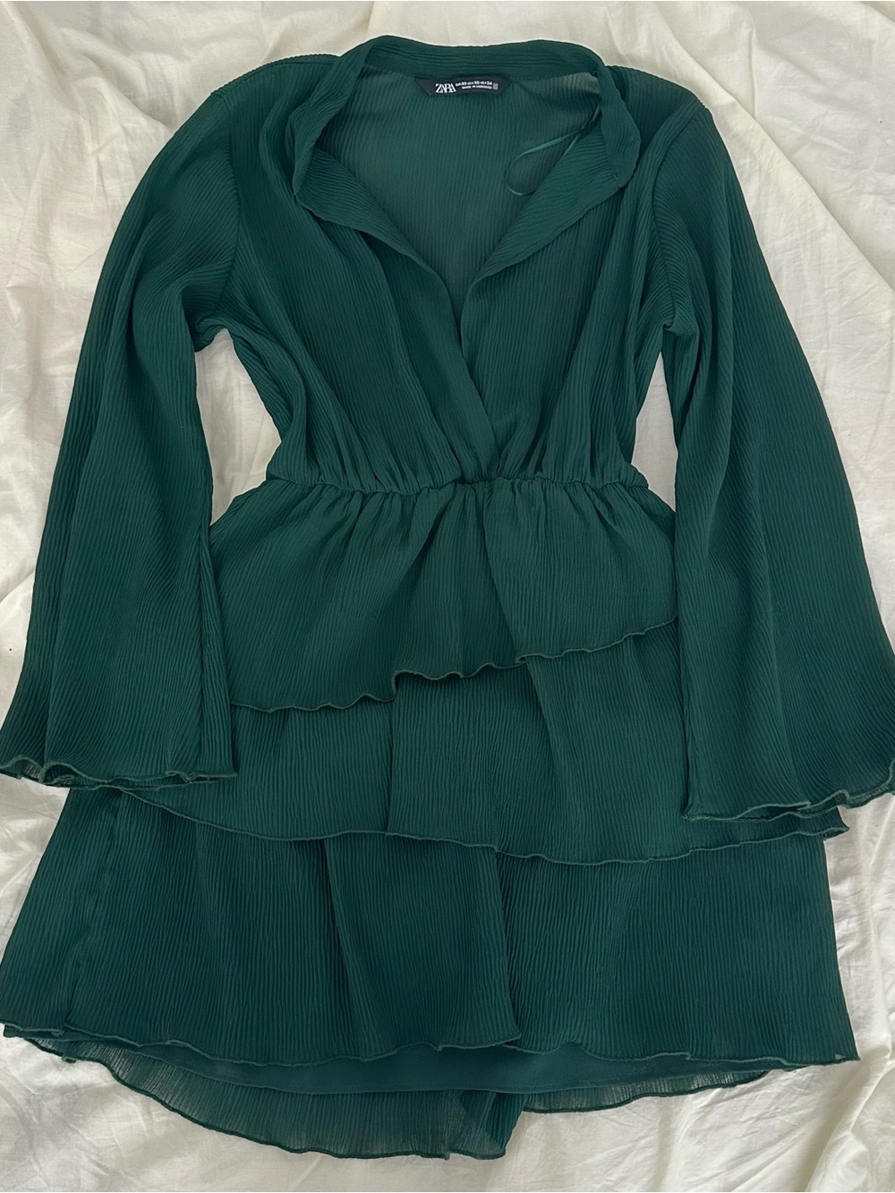 Zara Dark Green Long Sleeve Ruffle Mini Dress